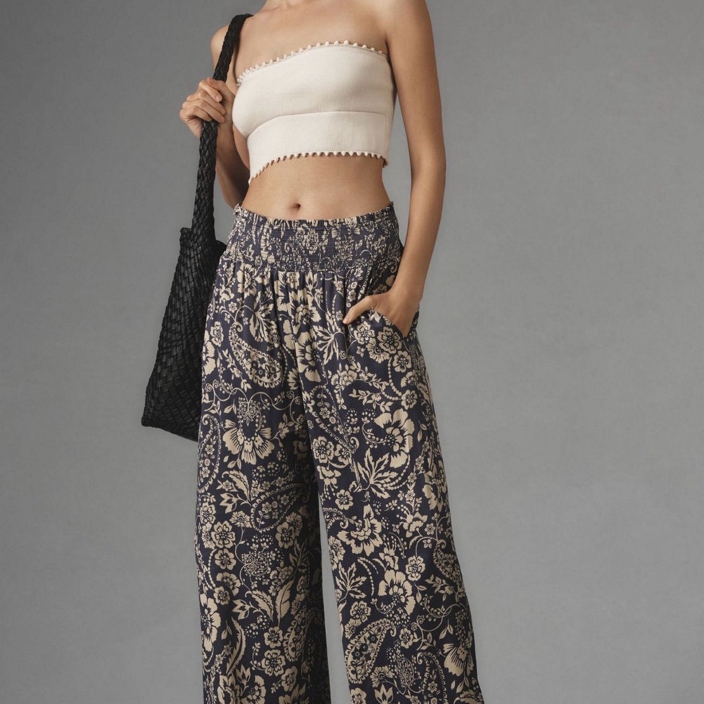 Maeve Navy Wide-Leg Floral Palazzo Pants with Cream Print